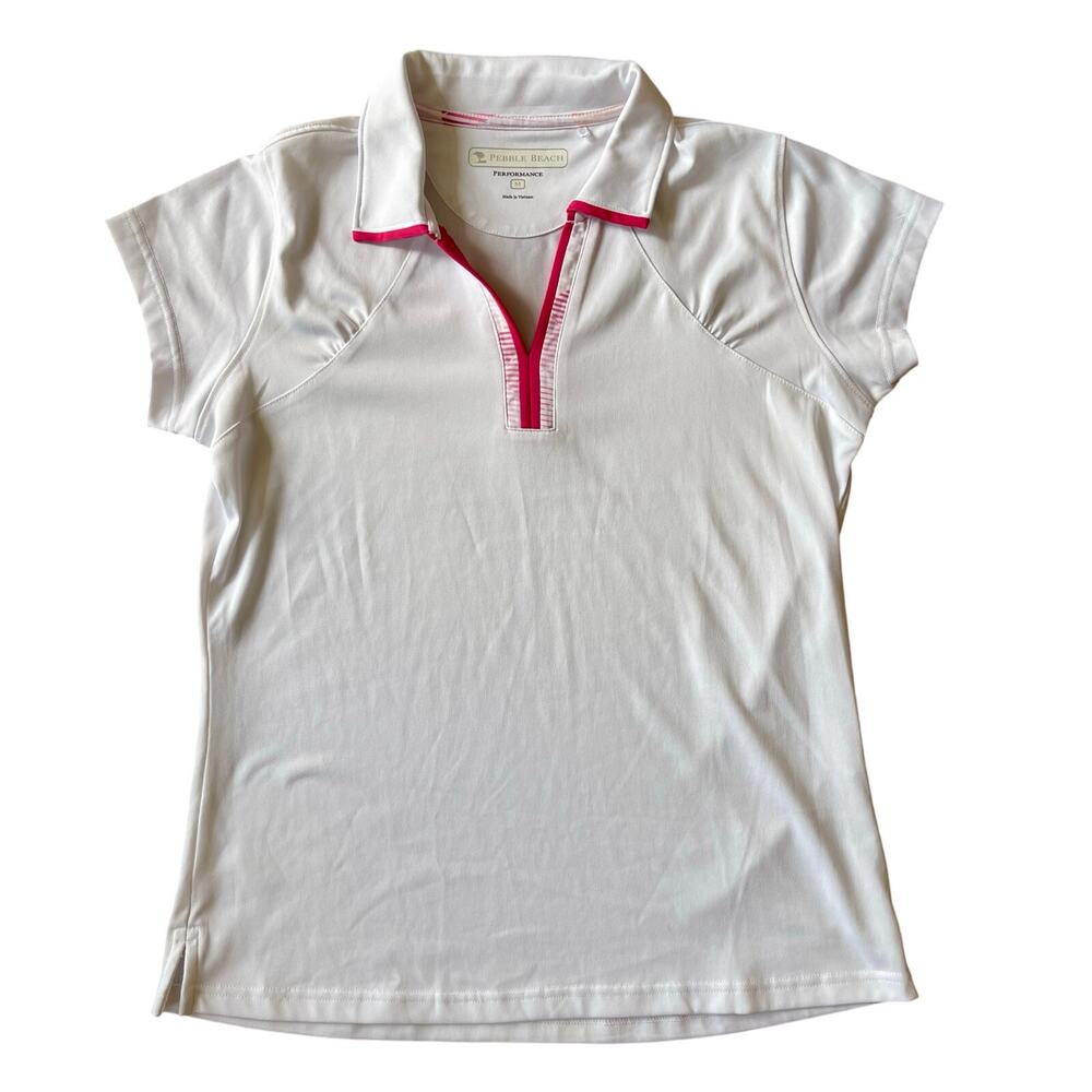 Pebble Beach Performance Womens Gold Shirt White Pink Med
